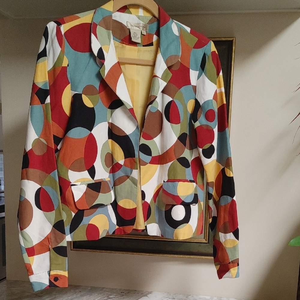 VTG Transitions Silk & Linen Geometric Circles Blazer Size S
